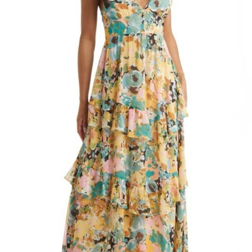 Vici Floral Tiered Maxi Dress in Yellow, Teal & Pink
